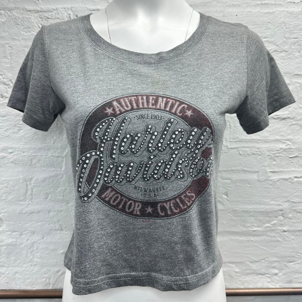 Reworked Harley Davidson Grey Rhinestone Studded Cropped Baby Tee